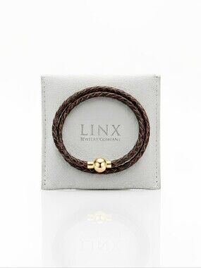 Linx Double Wrap Vintage Brown Leather Braided Cord Bracelet Gold Magnetic Clasp